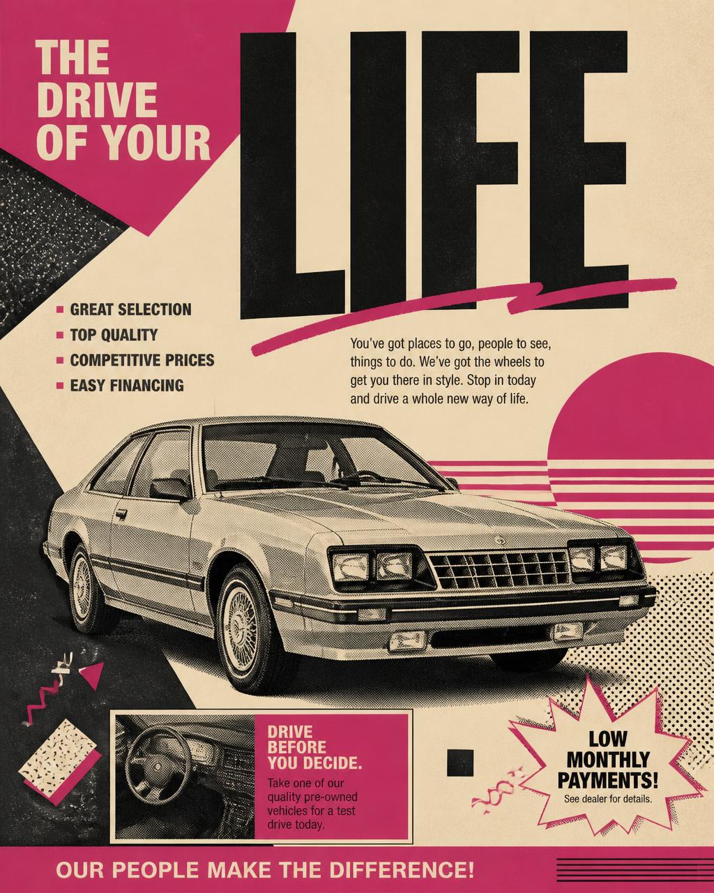 Retro-styled dealership advertisement layout designed by FoxEdge